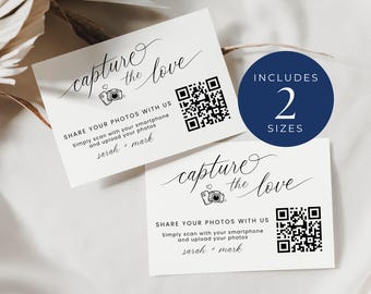 Capture The Love ウェディング QR コード カード、即時ダウンロード、ウェディング QR コード フォト カード、Share The Love、Canva テンプレート、ミニマリスト - EP001