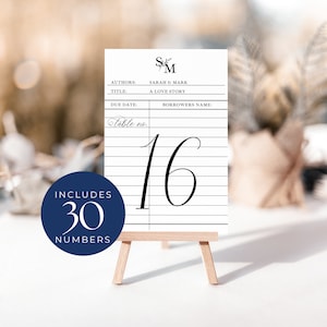 Números de mesa de cartão de biblioteca, DOWNLOAD INSTANTÂNEO, placa de número de mesa de casamento minimalista, modelo Canva, placa de casamento minimalista moderna - EP001