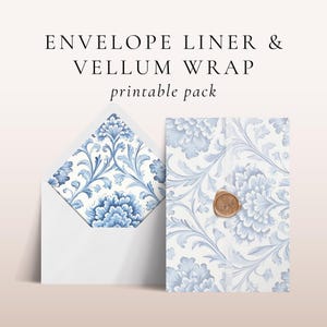 Plantilla para forro de sobre de papel vitela de 5x7 pulgadas, DESCARGA INSTANTÁNEA, superposición de invitación de papel vitela DIY, solapa europea y cuadrada, estampado Toile azul francés - EP010