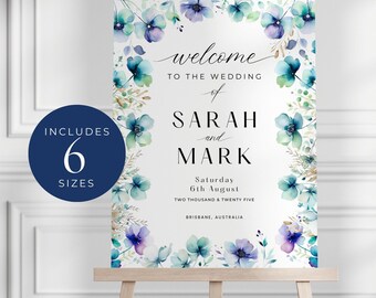 Wedding Welcome Sign Template, INSTANT DOWNLOAD, Welcome Poster, Modern Editable DIY Welcome Sign 18x24, 20x30, 24x36, Blue Florals - EP005