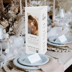 Menu de mesa dobrável em três partes, cartão de agradecimento de casamento, código QR imprimível com foto, suporte triangular minimalista, Canva, DOWNLOAD INSTANTÂNEO - EP100
