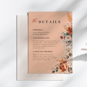 Détails de faire-part de mariage floral orange brûlé, TÉLÉCHARGEMENT IMMÉDIAT, carte d'insertion de détails de mariage moderne, modèle de toile, fleurs rouille - EP009