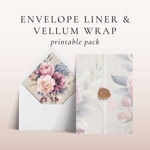 Vellum Wrap, 5x7 Envelope Liner Template, INSTANT DOWNLOAD, DIY Vellum Invite Overlay, Euro And Square Flap, Dusty Pink Purple Floral- EP025