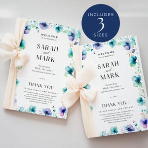 Catholic Church Wedding Program Template, INSTANT DOWNLOAD, Ceremony Program Catholic Church, Blue Violet Flowers, Abstract Florals - EP005