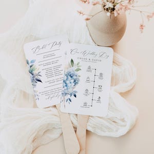 Wedding Program Fans Dusty Blue, INSTANT DOWNLOAD, Share The Love Qr Code, Ceremony Timeline, Order Of Events, Blue Hydrangea Floral - EP015