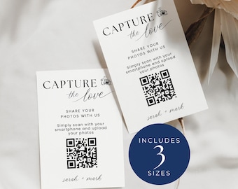 Capture The Love ウェディング QR コード カード、即時ダウンロード、ウェディング QR コード フォト カード、Share The Love、Canva テンプレート、ミニマリスト - EP001