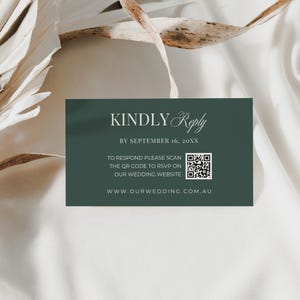 Tarjeta de respuesta de boda con dinero antiguo, inserto de RSVP de lujo, respuesta amable con código QR, tarjeta para sitio web de boda, verde salvia, descarga instantánea - EP102