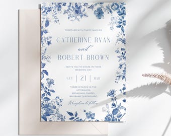 Blauwe Toile-uitnodiging, INSTANT DOWNLOAD, Franse Toile-huwelijksuitnodiging, Toile De Jouy, canvassjabloon, iets blauws, Toile-bloemen - EP010