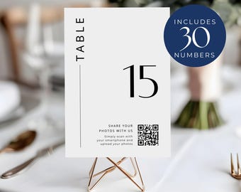 Tafelnummerborden met QR-code, INSTANT DOWNLOAD, Receptietafelnummerbord, canvassjabloon, Share The Love, minimalistische bruiloft - EP001