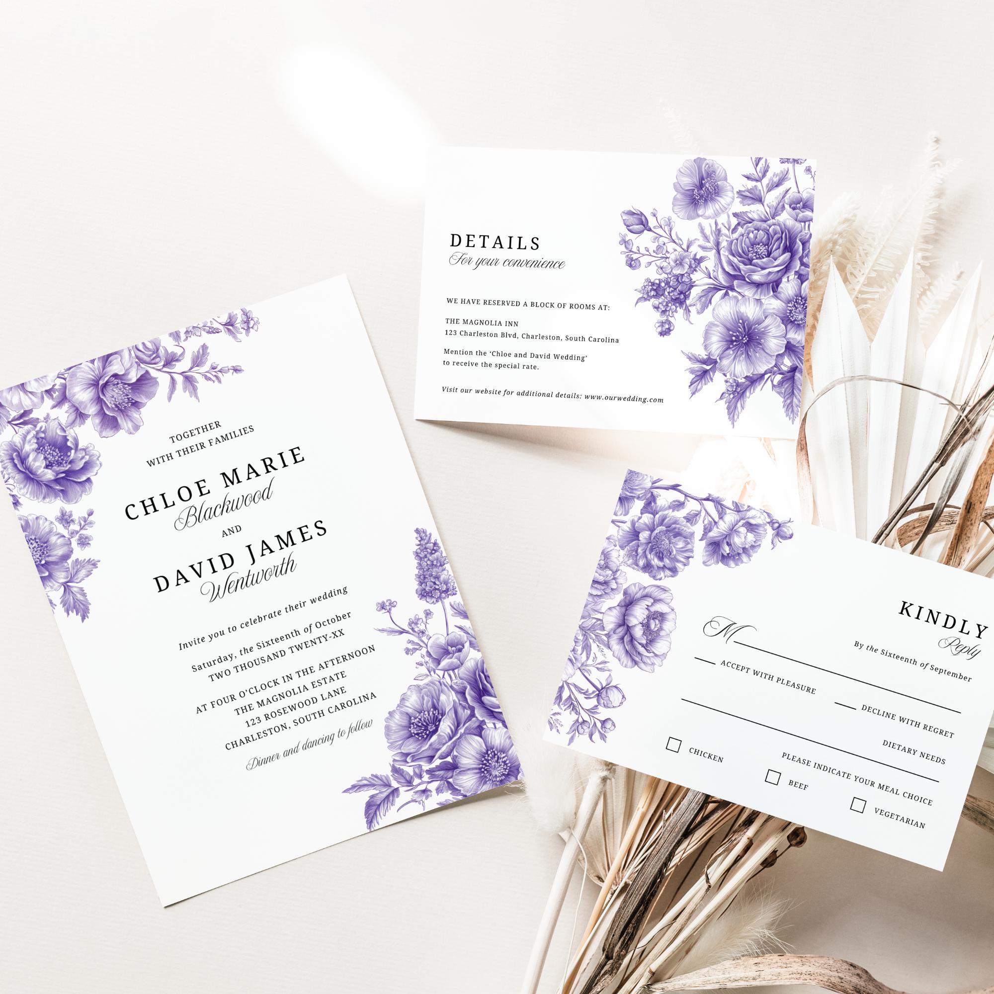 Lavender Wedding Invitation Kit, INSTANT DOWNLOAD, French Toile De Jouy