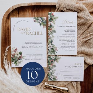 Wedding Invitation with QR Code Rsvp INSTANT DOWNLOAD Holiday Wedding Invite Suite, Christmas Invitation, Editable Invite Template - EP002