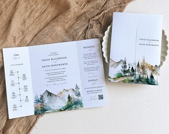 Trifold Mountain Wedding Invitation, INSTANT DOWNLOAD, Gatefold Wedding Invitations Canva, Folded Wedding Invite, Rustic Sage Forest - EP022