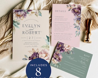 Peony Invitations Wedding Suite, INSTANT DOWNLOAD, Floral Invite Set, Sage Green Wedding Template Bundle, Purple And Pink Peonies - EP011