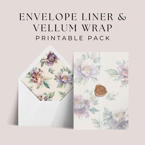 Vellum Wrap, 5x7 Envelope Liner Template, INSTANT DOWNLOAD, DIY Vellum Invitation Overlay, Euro And Square Flap, Purple Pink Peonies - EP011