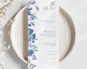 Blue Toile Menu, INSTANT DOWNLOAD, Menu Template Thin, Menu Selection Template, Winter Wedding French Toile, Dusty Blue Florals - EP010
