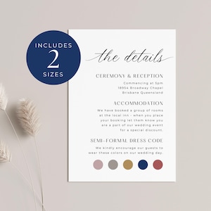 Details Card With Attire, INSTANT DOWNLOAD, Color Palette Details Card, Canva Template, Wedding Dress Code Insert, Minimalist - EP001