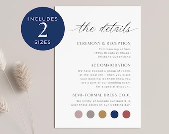 Details Card With Attire, INSTANT DOWNLOAD, Color Palette Details Card, Canva Template, Wedding Dress Code Insert, Minimalist - EP001