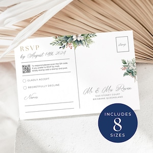 QR Code Rsvp Postcard INSTANT DOWNLOAD Christmas Wedding Response Card, Modern Wedding Reply Card, Qr Reply Card, Christmas Florals- EP002