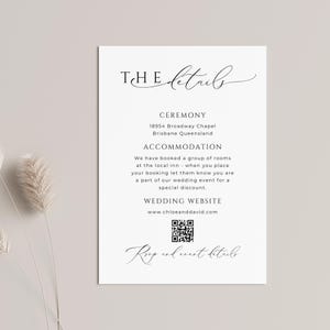 Cartão de detalhes do casamento com código QR, DOWNLOAD INSTANTÂNEO, Cartão de inserção de detalhes mais finos, Site de casamento, Modelo Canva, Minimalista moderno - EP100
