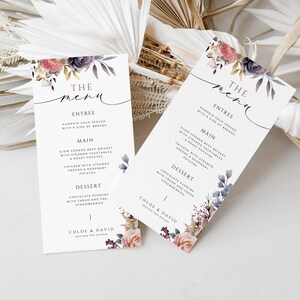 Menú de boda en rosa empolvado y morado, descarga instantánea, tarjeta de menú de recepción con flores de jardín, plantilla de Canva, menús de mesa de buffet, rosas - EP025