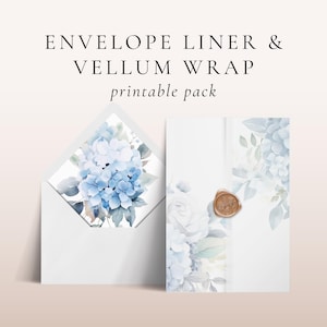 Vellum Wrap, 5x7 Envelope Liner Template, INSTANT DOWNLOAD, DIY Vellum Invitation Overlay, Euro And Square Flap, Dusty Blue Hydrangea- EP015