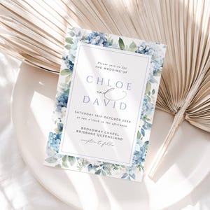 Faire-part de mariage hortensia bleu, téléchargement immédiat, hortensias bleus poussiéreux, floral botanique intime, modèle de toile, quelque chose de bleu- EP015