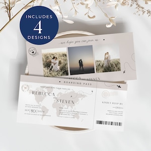 搭乗券結婚式招待状Canva、即時ダウンロード搭乗券RSVP、パスポート、目的地の結婚式、ミニマルニュートラルボヘミアン-EP001