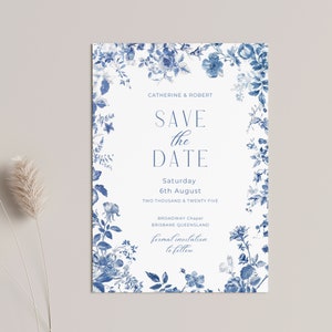 Toile Save The Date, SOFORTIGER DOWNLOAD, Einschließungskarten für Save The Date, Canva Bearbeitbare DIY-Vorlage 5x7, French Blue Toile Floral - EP010