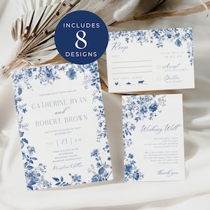 Französische Hochzeitseinladung, SOFORT-DOWNLOAD, Blaue Toile-Einladung, etwas Blaues Hochzeitseinladungs-Set, Toile Floral Set - EP010
