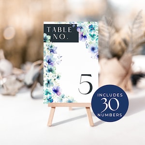 Números de mesa flores prensadas, DESCARGA INSTANTE, Signo de número de mesa azul polvoriento, Números de mesa 1-25, Flor silvestre de lino azul, Resumen - EP005