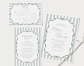 Suite de faire-part de mariage à rayures vertes rétro, TÉLÉCHARGEMENT IMMÉDIAT, lot d'invitations à rayures élégantes et fantaisistes, ensemble sauge à rayures minimales - EP024