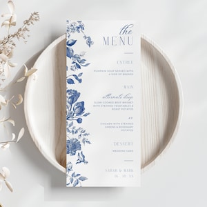 Menú Toile azul, DESCARGA INSTANTE, Plantilla de menú delgada, Plantilla de selección de menú, Toile francés de boda de invierno, Florales azules polvorientos - EP010