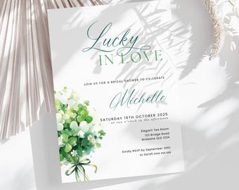 Lucky In Love Bridal Shower Invitation, INSTANT DOWNLOAD, St Pattys Day Invite, March Bridal Shower Invite Template, Shamrock Clover - EP001