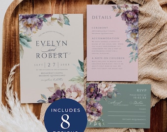 Peony Invitations Wedding Suite, INSTANT DOWNLOAD, Floral Invite Set, Sage Green Wedding Template Bundle, Purple And Pink Peonies - EP011