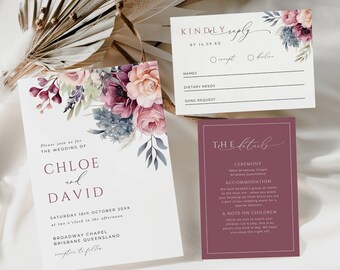 Dusty Pink Wedding Invitation Bundle, INSTANT DOWNLOAD, Purple Roses Invitation Suite, Wishing Well RSVP Qr Code, Garden Florals - EP025