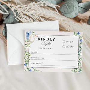 Casamento de garça, por favor, resposta, DOWNLOAD INSTANTÂNEO, pássaros azuis vitorianos, modelo de Rsvp floral vintage Canva, vegetação de jardim romântico - EP019