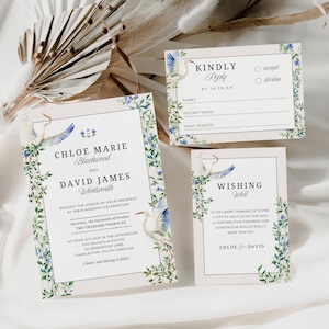 Heron Wedding Invitation Suite, INSTANT DOWNLOAD, Victorian Blue Birds Invite, Floral Vintage Canva Template, Garden Greenery Bundle - EP019
