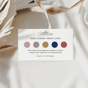 Carte de détail de la palette de couleurs, TÉLÉCHARGEMENT IMMÉDIAT, modèle de carte de tenue de mariage, détails du code vestimentaire, modèle de toile, carte de couleur, minimaliste- EP001