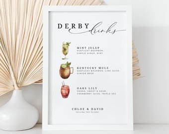 Mint Julep Signature Drink Sign Derby, INSTANT DOWNLOAD, Kentucky Derby Editable Party Menu, Kentucky Mule, Oaks Lily Cocktails - EP100
