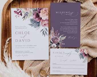 Dusty Pink Wedding Invitation Bundle, INSTANT DOWNLOAD, Purple Roses Invitation Suite, Wishing Well RSVP Qr Code, Garden Florals - EP025