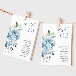 Stoelindelingkaarten stoffig blauw, INSTANT DOWNLOAD, stoelindelingskaarten in spiegelbeeld 4 x 6 5 x 7, intieme lichtblauwe bloemen, hortensia bloemen - EP015