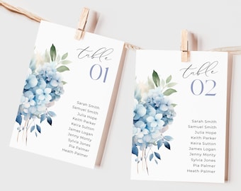 Seating Chart Cards Dusty Blue, INSTANT DOWNLOAD, Mirror Seating Chart Cards 4x6 5x7, Intimate Light Blue Florals, Hydrangea Floral - EP015