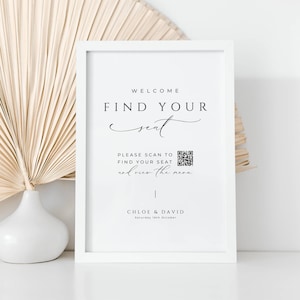 QR Code Sign Seating Chart, INSTANT DOWNLOAD, Guest Seating Plan, Find Your Seat Signage, Custom Canva Template, Minimalist Wedding - EP100