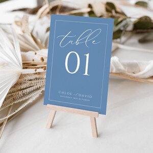 Números de mesa de casamento azul claro 1-30, DOWNLOAD INSTANTÂNEO, Número de mesa azul empoeirado 5x7 4x6, Modelo Canva íntimo, Elegante moderno - EP015