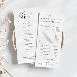 Carte d'activités de menu de mariage, TÉLÉCHARGEMENT IMMÉDIAT, menu questionnaire de réception amusant imprimable, feuille de jeu pour l'heure du cocktail, pari sur l'amour, anecdotes - EP100