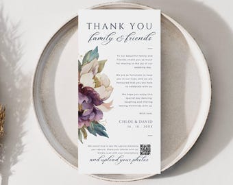 Wedding Thank You Place Card Qr Code, INSTANT DOWNLOAD, Welcome And Thank You Note, Napkin Note, Photo Share, Purple Peonies Greenery- EP011