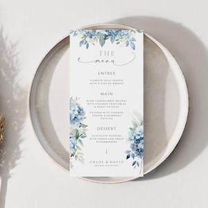 Menu de mariage bleu hortensia, téléchargement immédiat, carte de menu bleu poussiéreux, modèle de toile, menus de table de buffet intime, fleurs d'hortensias - EP015