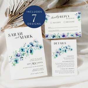 Plantilla de suite de invitación de boda de flores silvestres de acuarela, DESCARGA INSTANTÁNEA, Invitación floral, Tarjeta de confirmación de asistencia para el pozo de los deseos, Florales abstractos - EP005