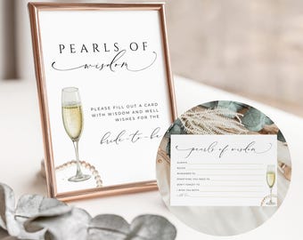Pearls Of Wisdom Sign, INSTANT DOWNLOAD, Pearls And Prosecco Advice Cards, Advice And Wishes Bridal Shower, Brunch And Bubbly Card - EP100
