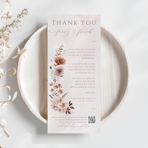 Codice QR per biglietti di ringraziamento per matrimonio, DOWNLOAD IMMEDIATO, biglietto di benvenuto e ringraziamento, biglietto con tovagliolo rosa antico, condivisione foto, Boho Floral - EP021